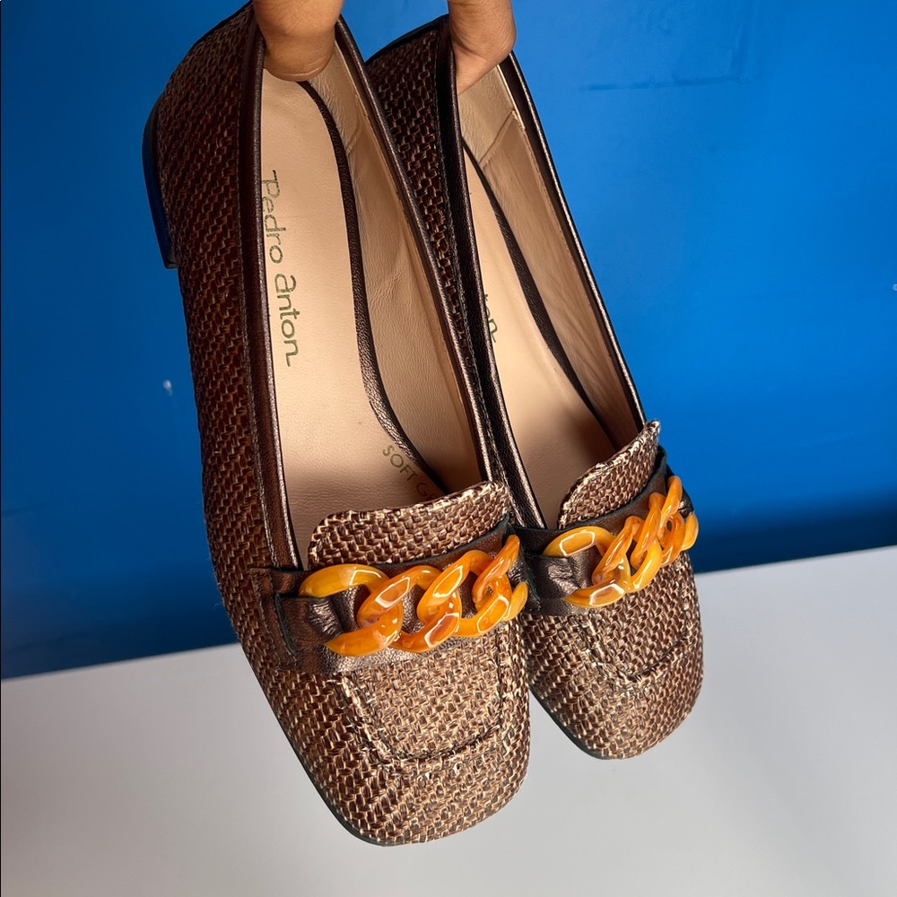 Pedro Anton women’s square toe Loafers brown Amber Chain soft gel padding career